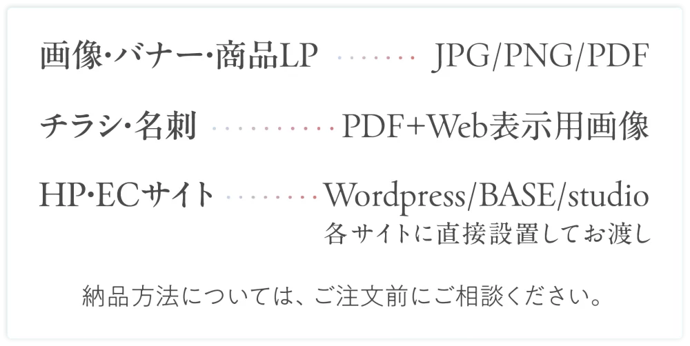 画像・バナー：JPG / PNG / PDF形式で納品。チラシ・名刺：印刷入稿用PDF + Web表示用画像。納品方法については、ご注文前にご相談ください。
