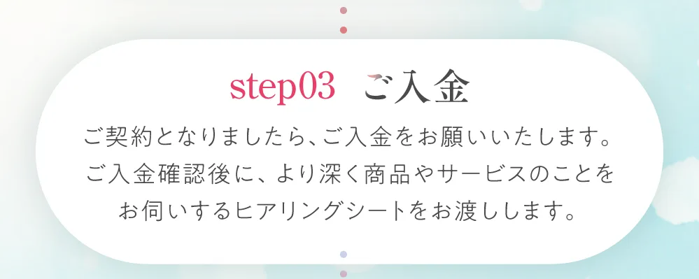 ステップ３：ご入金。ご契約となりましたら、ご入金をお願いします。入金確認後に、より深く商品やサービスのことをお伺いするヒアリングシートをお渡しします。