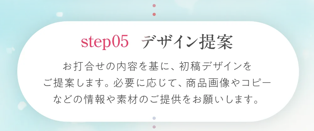 ステップ５：デザイン提案。お打合せの内容を基に、初稿デザインをご提案します。必要に応じて、商品画像やコピーなどの情報や素材のご提供をお願いします。