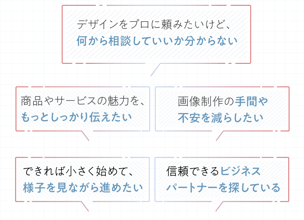 ・商品やサービスの魅力を、もっとしっかり伝えたい・デザインをプロに頼みたいけど、何から相談していいか分からない・画像制作の手間や不安を減らしたい・やりとりがスムーズな、信頼できるパートナーを探している・できれば小さく始めて、様子を見ながら進めたい